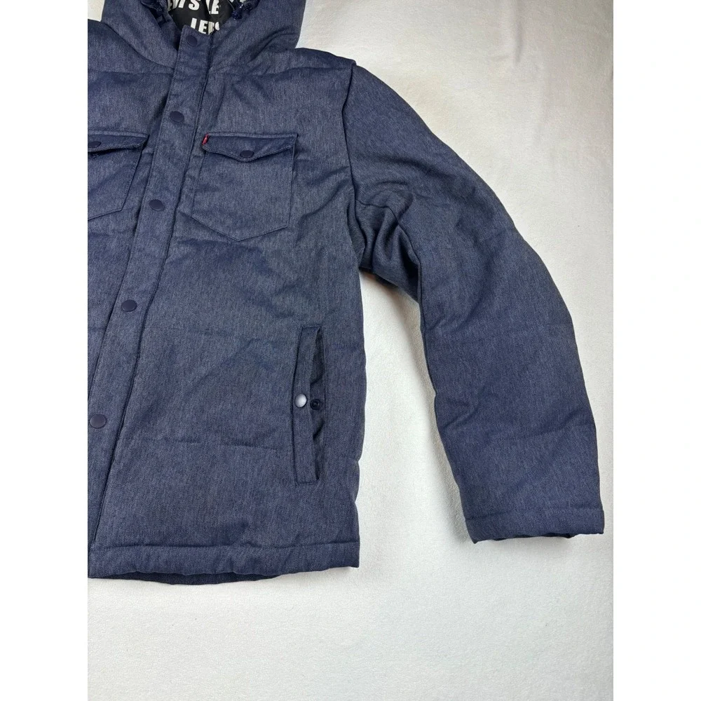 Levis Mens Hooded Puffer Jacket Blue Heathered Snap Front Insulated Coat‎ Large